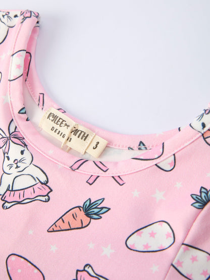 Pink Easter Bunny Carrot Print Girls Short Sleeve Dress
