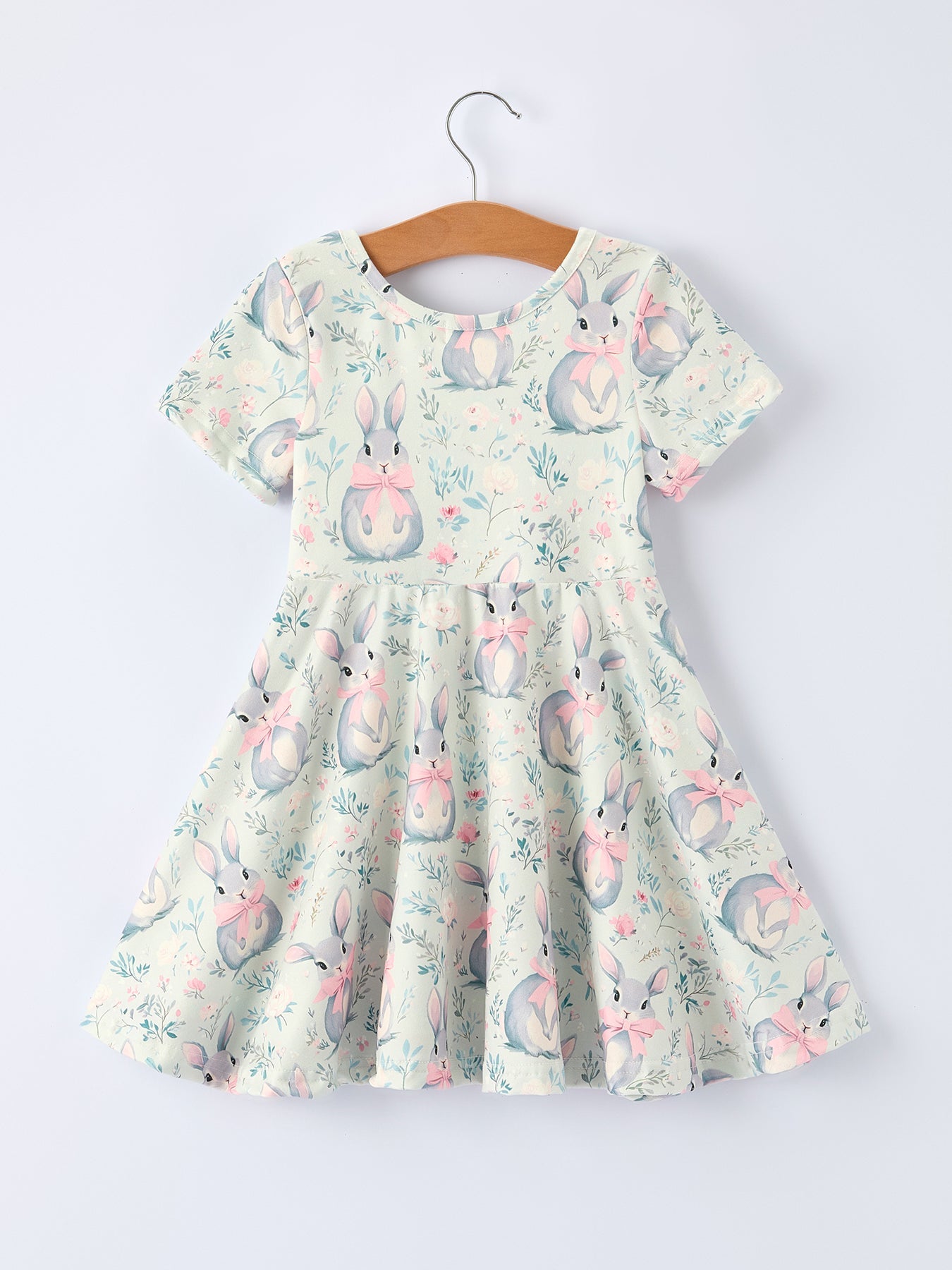 Easter Bunny Bow Print Twirl Short Sleeve Dress