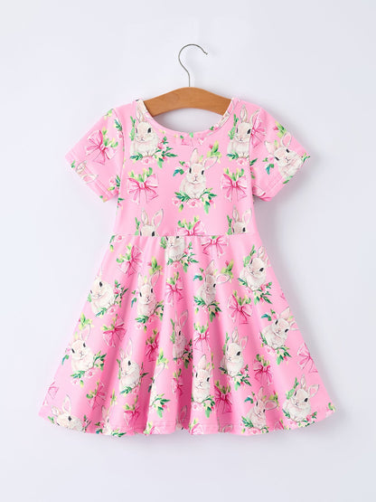 Easter Pink Bunny Floral Print Short Sleeve Dress
