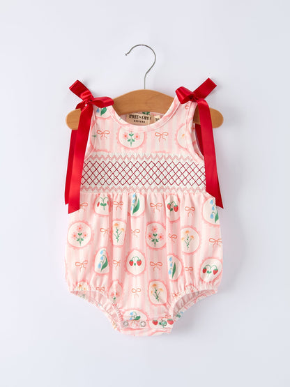 Spring Pink Floral Bow Smocked Girl Romper