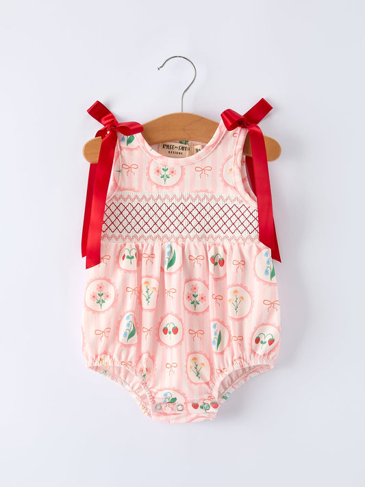 Spring Pink Floral Bow Smocked Girl Romper