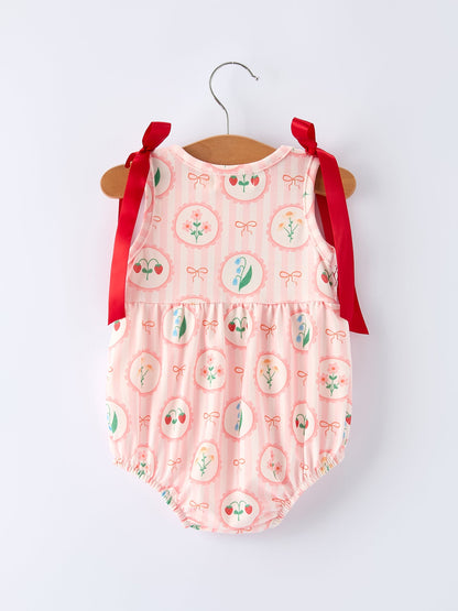 Spring Pink Floral Bow Smocked Girl Romper