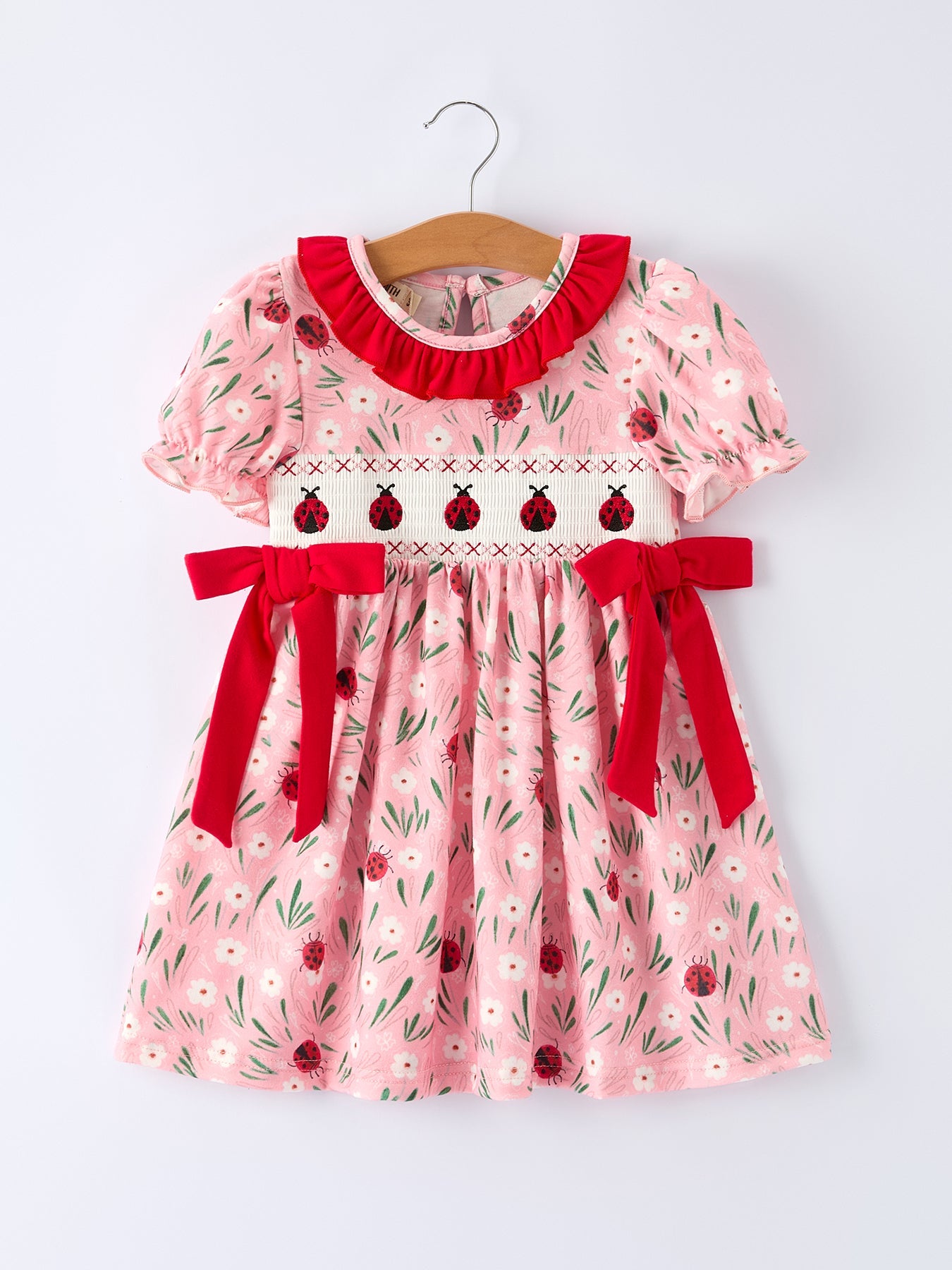 Spring Ladybug Smocked Embroidered Girls Dress
