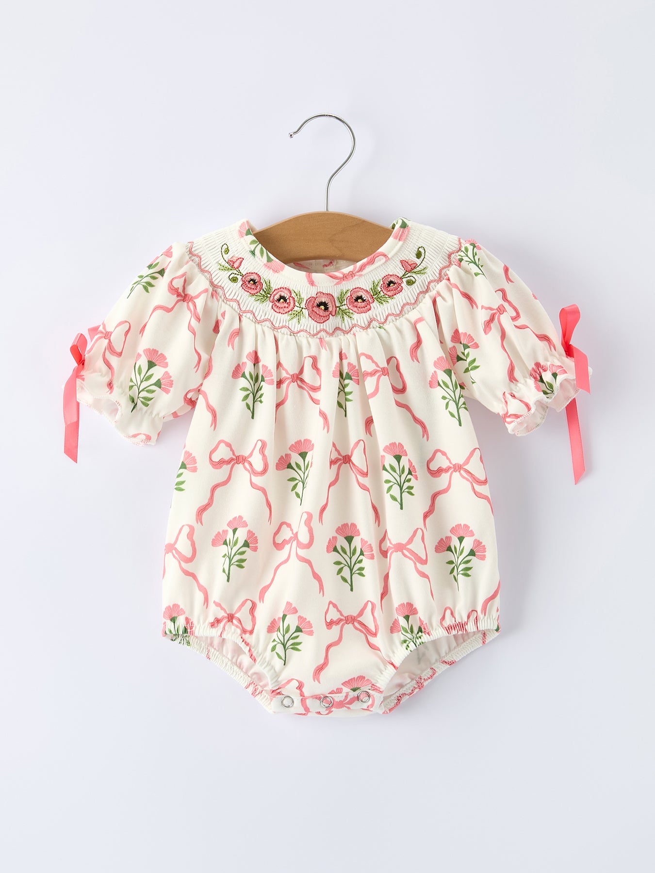 Spring Floral Smocking Embroidery Bow Baby Girls Romper