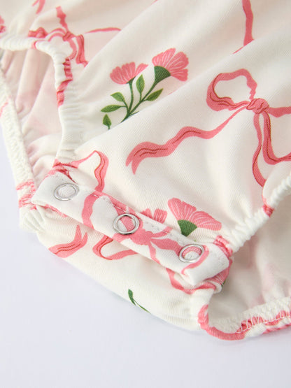 Spring Floral Smocking Embroidery Bow Baby Girls Romper