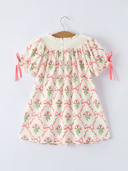 Spring Floral Smocking Embroidery Bow Girls Dress