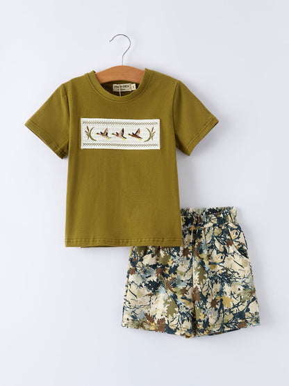 PREORDER Duck Embroidery Boys Set Green Tee and Camo Shorts