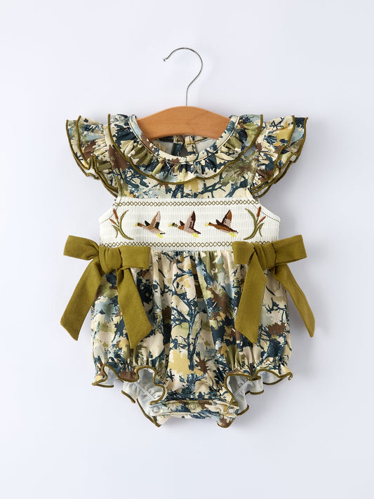 Duck Smocking Embroidery Baby Girls Camouflage Romper