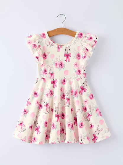 Easter Pink Bow Bunny and Rose Print Girls Dress