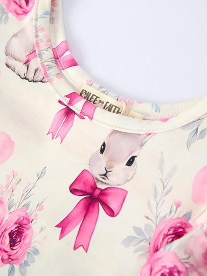 Easter Pink Bow Bunny and Rose Print Girls Dress