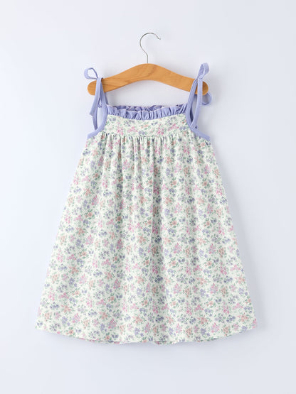 Spring Purple Floral Embroidered Smocked Bow Girl Dress