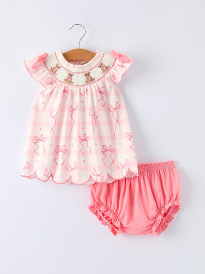 Spring Pink Bow Teddy Smocked Embroidery Baby Girls Bloomers Set