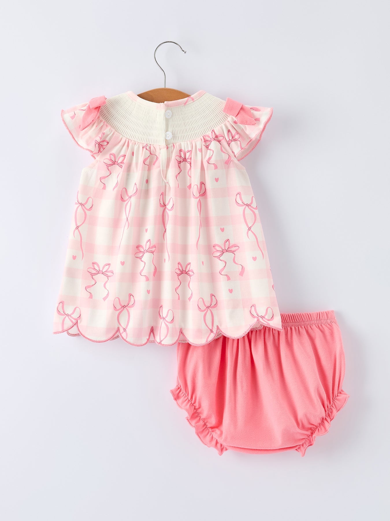 Spring Pink Bow Teddy Smocked Embroidery Baby Girls Bloomers Set