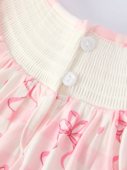 Spring Pink Bow Teddy Smocked Embroidery Baby Girls Bloomers Set