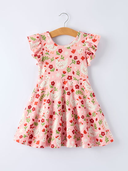 Spring Chicken Floral Farm Print Girls Dress
