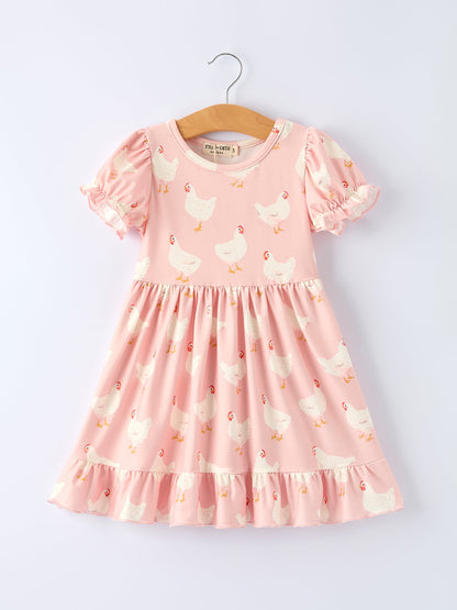 Farm Spring Chicken Print Girls Ruffle Dress