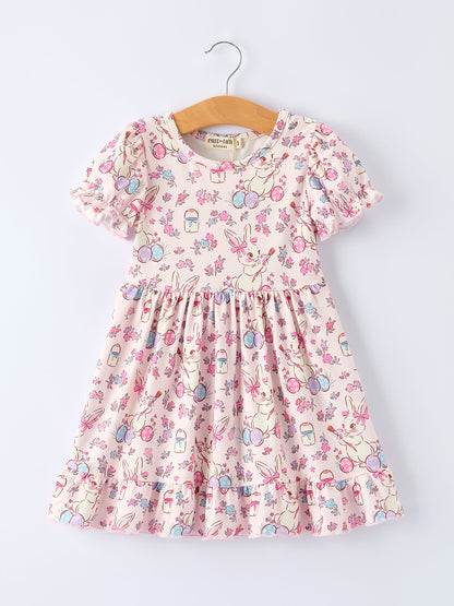 Easter Floral Bunny Girls Ruffle Hem Dress