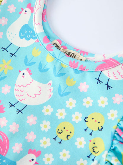 Aqua Spring Chicken Floral Farm Print Girls Dress