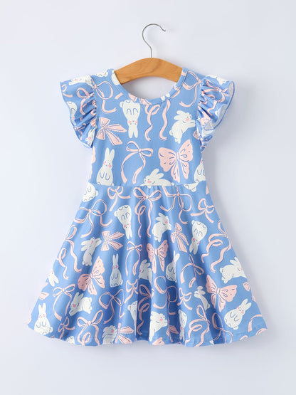 Easter Bunny Bow Pastel Girls Ruffle Hem Dress