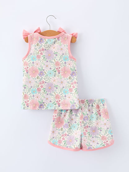 Girls Pink Floral Sleeveless Vest Top and Shorts Set