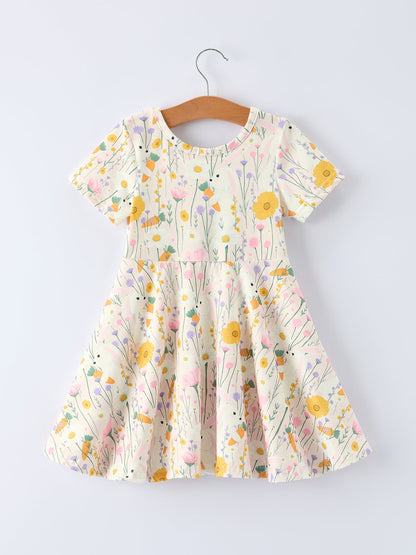 Spring Easter Bunny Yellow Floral Girls Dress