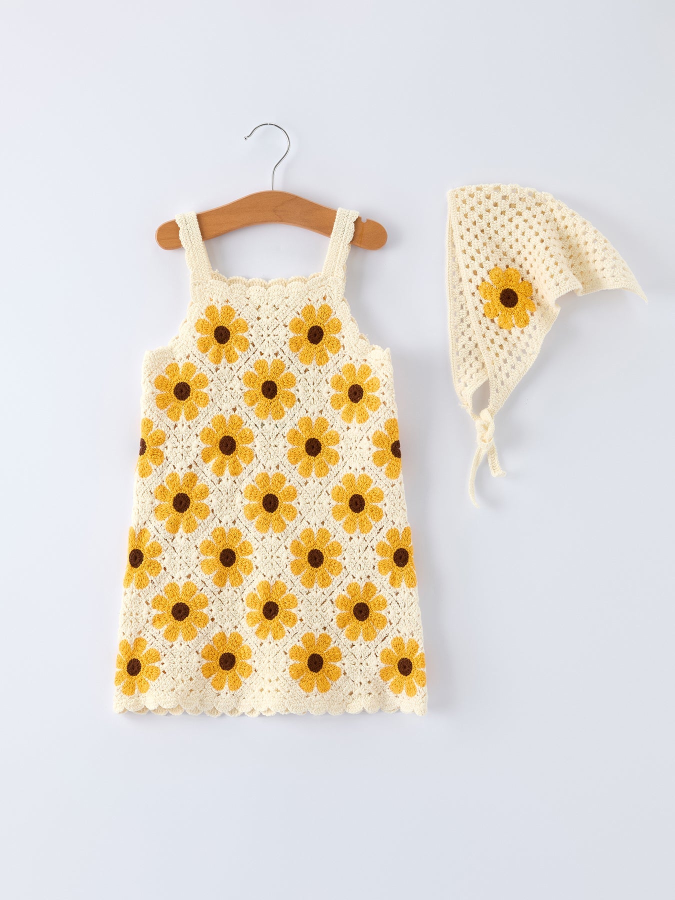 Summer Crochet Sunflower Girl Dress with Headscarf