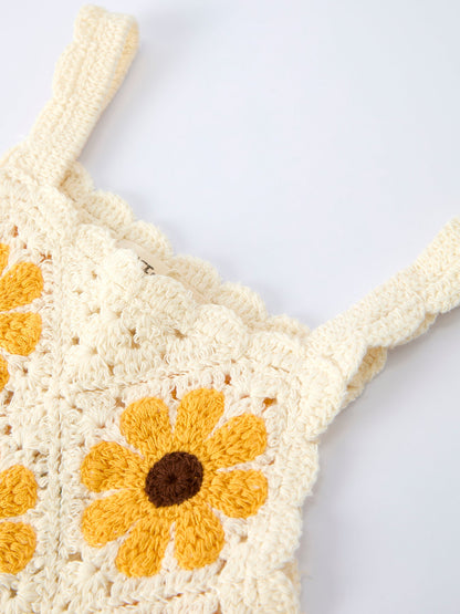 Summer Crochet Sunflower Girl Dress with Headscarf