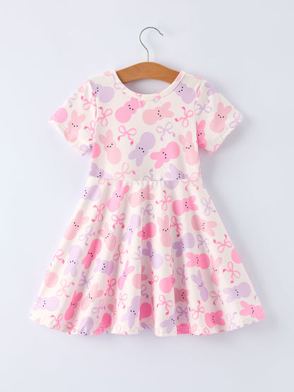 Spring Easter Bunny Bow Print Girls Short Sleeves Dress