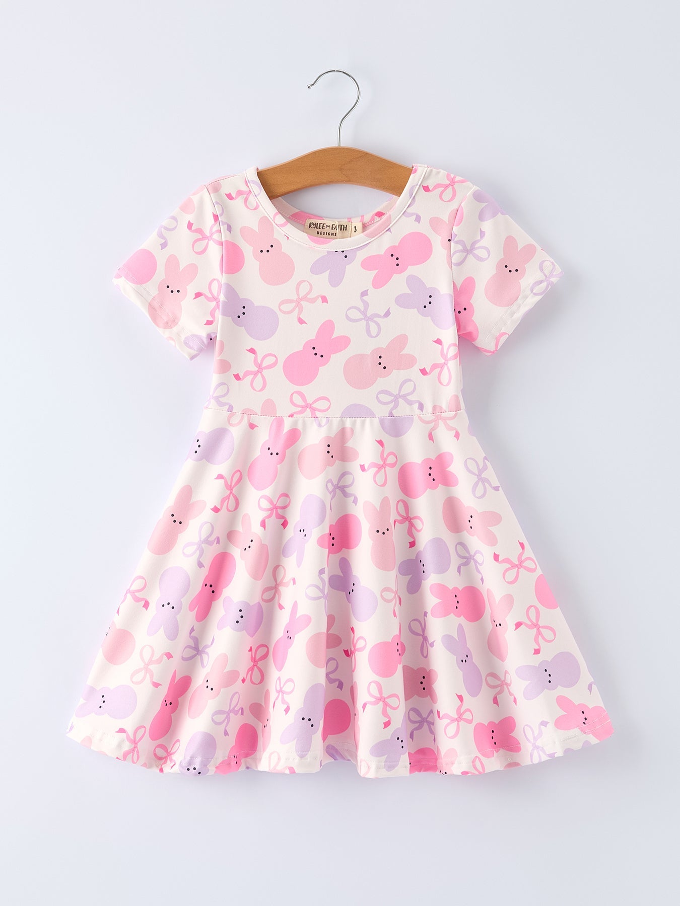 Spring Easter Bunny Bow Print Girls Short Sleeves Dress