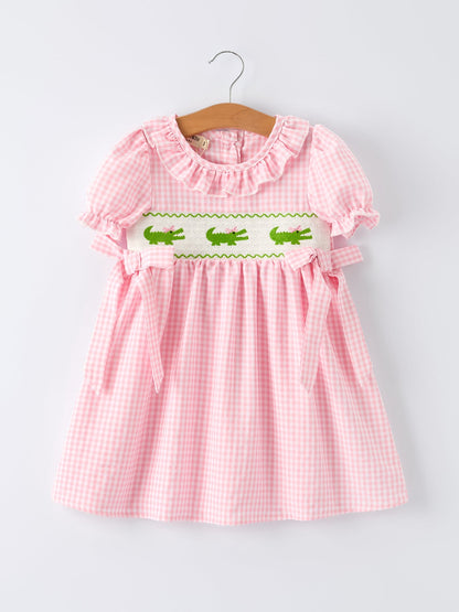 Girls Summer Crocodile Embroidered Smocked Dress