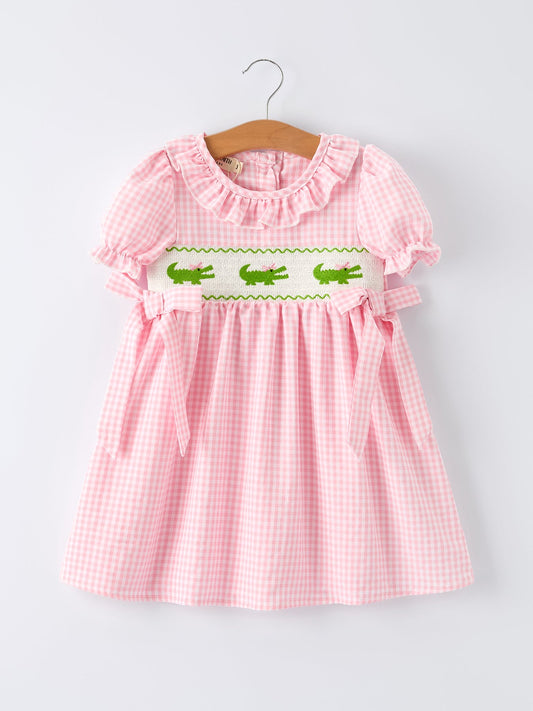 Girls Summer Crocodile Embroidered Smocked Dress