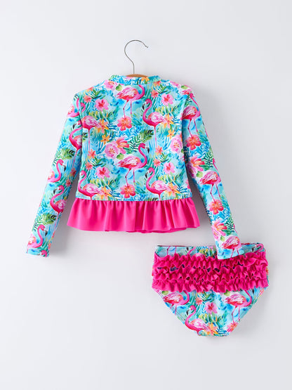 Summer Flamingo Long Sleeve Girl Swimwear Set