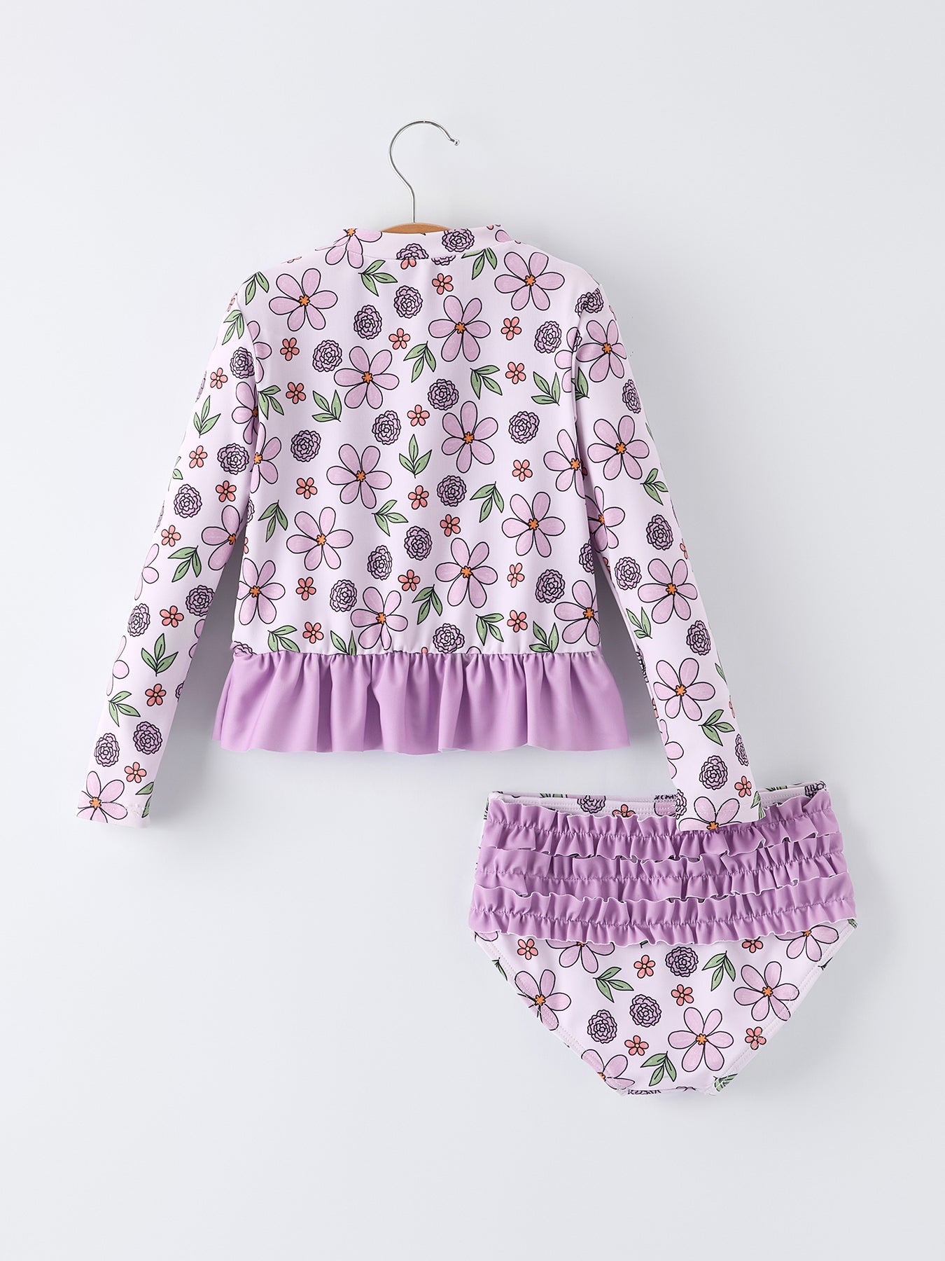 Summer Purple Floral Long Sleeve Girl Swimwear Set