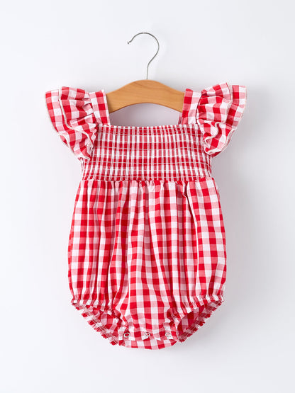 Summer Plaid Smocked Ruffle Girl Romper Sibling Outfits