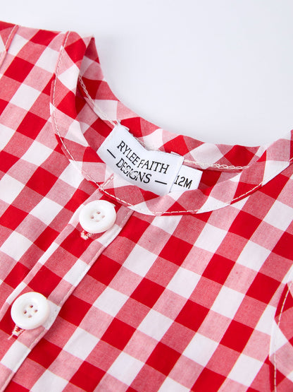 Summer Plaid Smocked Ruffle Boys Romper Sibling Outfits