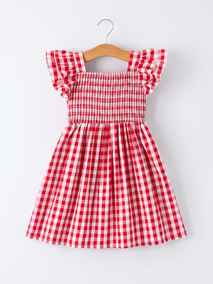 Summer Plaid Smocked Ruffle Girl Dress Sibling Outfits