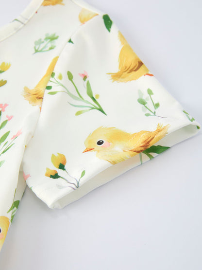 Easter Chick Floral Girls Twirl Short Sleeve Dress