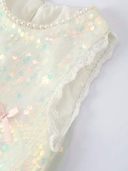 Iridescent Sequin Bow Ruffle Tulle Girls Dress