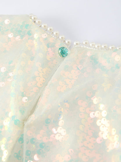 Iridescent Sequin Bow Ruffle Tulle Girls Dress