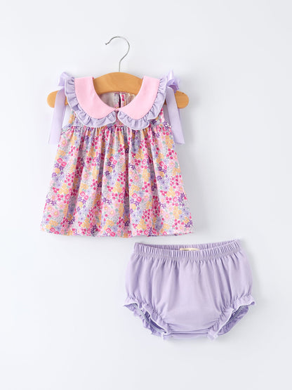 Spring Purple Floral Bow Ruffle Girl Bloomer Set