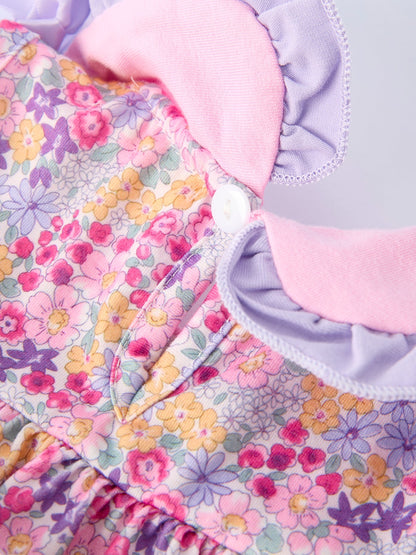 Spring Purple Floral Bow Ruffle Girl Bloomer Set
