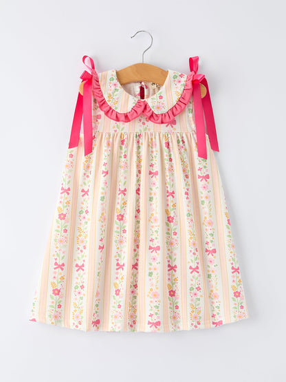 Summer Floral Bow Ruffle Girls Dress