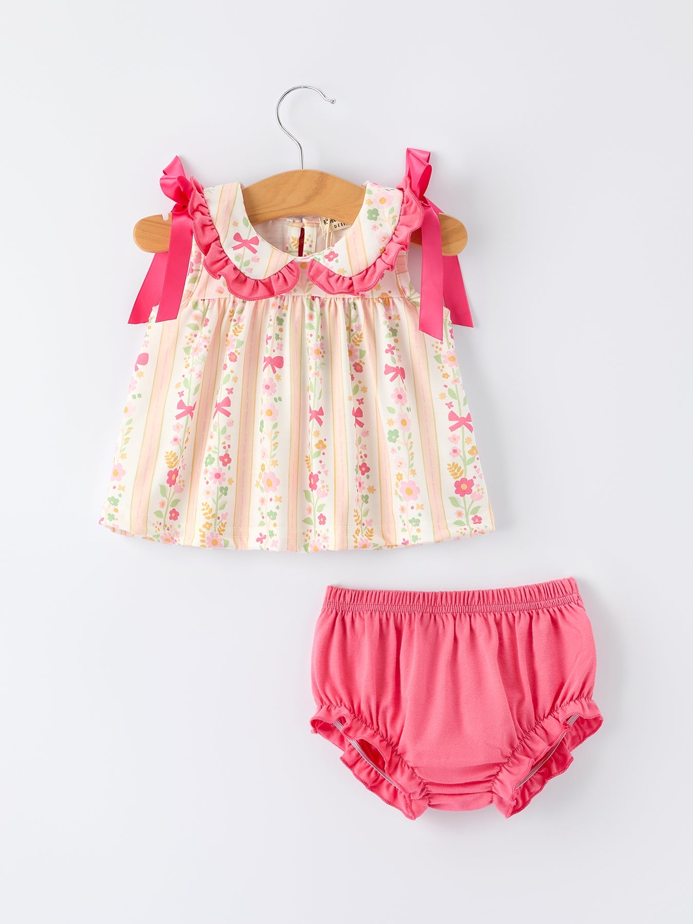 Spring Floral Bow Ruffle Girl Bloomer Set