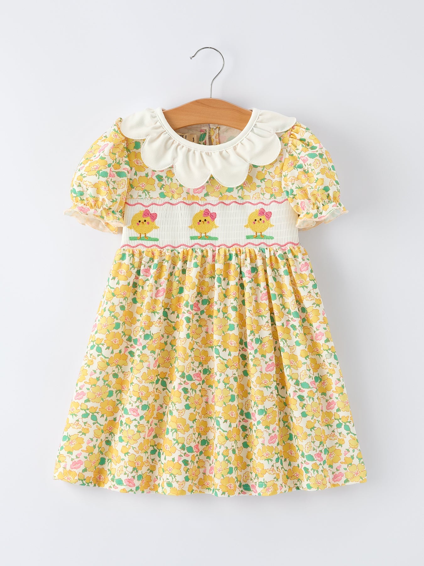 Easter Yellow Chick Embroidery Floral Girl Dress Petal Collar
