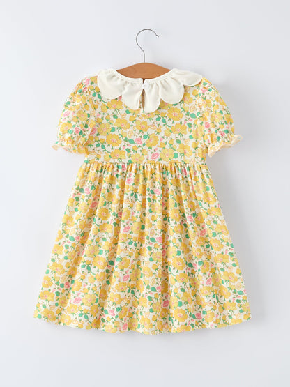 Easter Yellow Chick Embroidery Floral Girl Dress Petal Collar