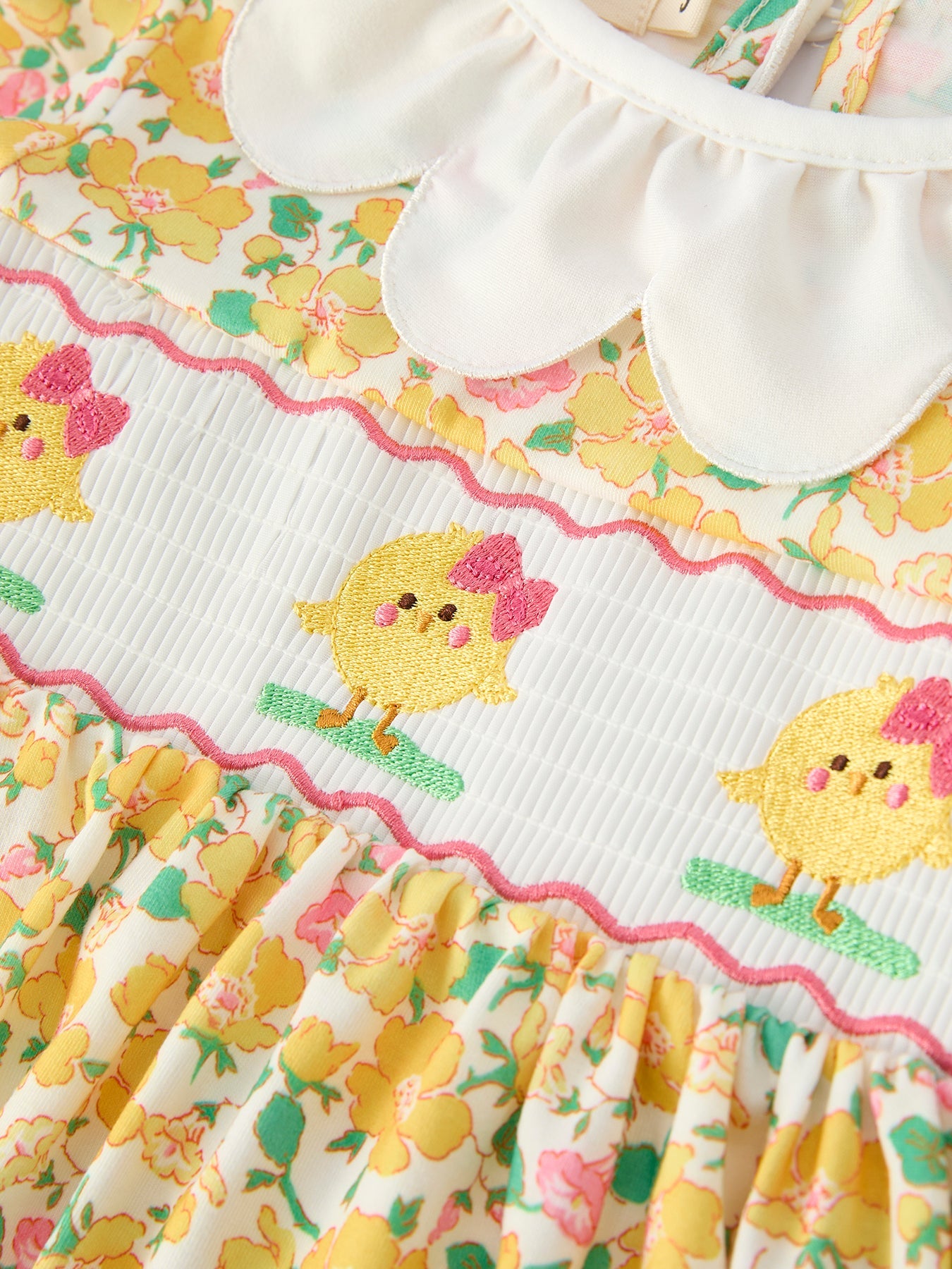 Easter Yellow Chick Embroidery Floral Girl Dress Petal Collar