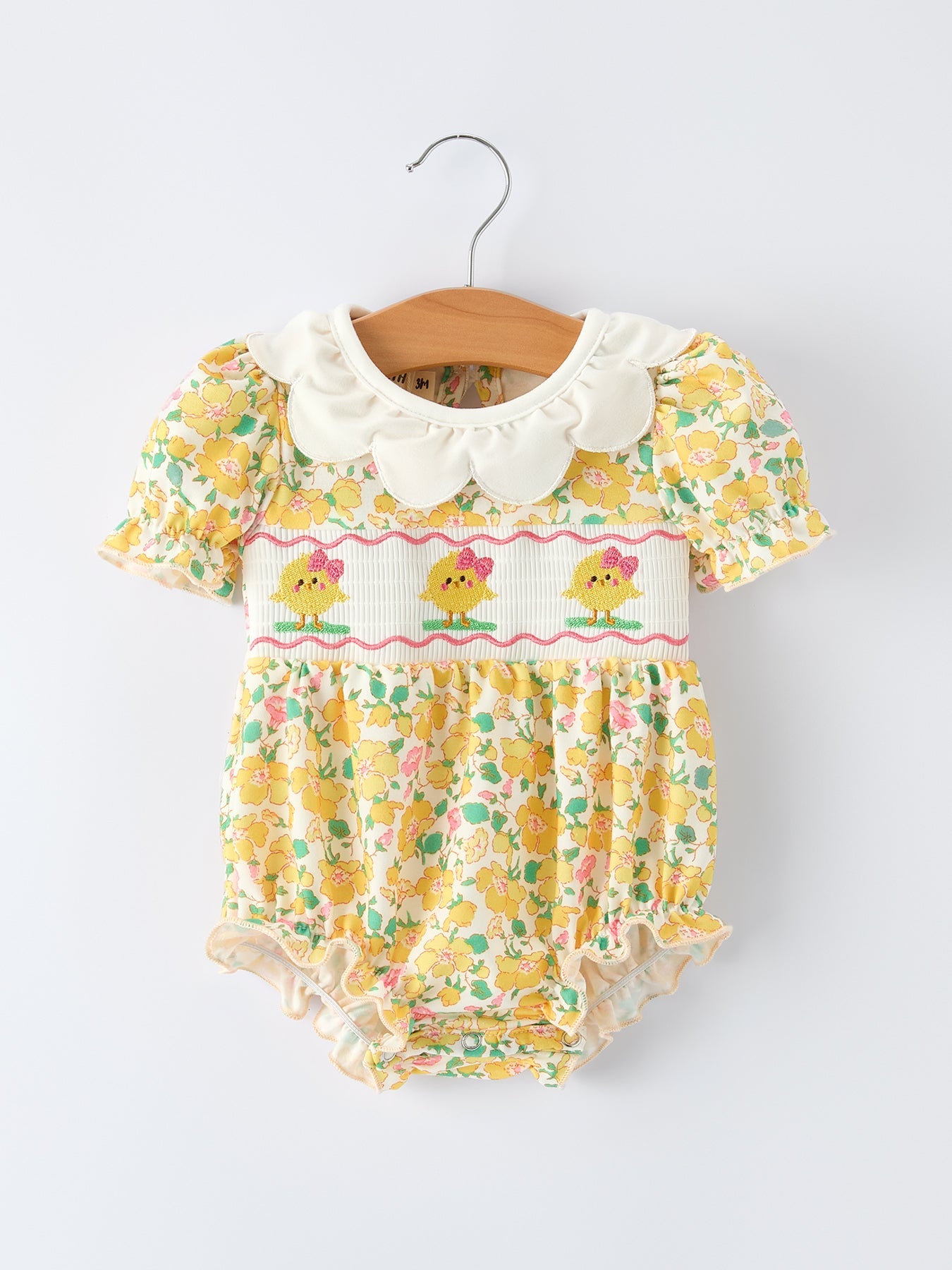 Easter Yellow Chick Embroidery Floral Baby Girl Romper Petal Collar