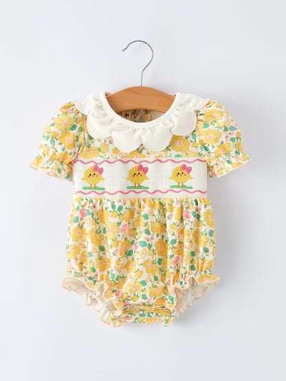 Easter Yellow Chick Embroidery Floral Baby Girl Romper Petal Collar