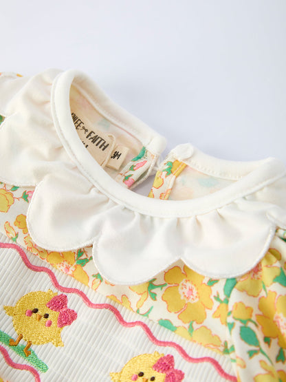 Easter Yellow Chick Embroidery Floral Baby Girl Romper Petal Collar