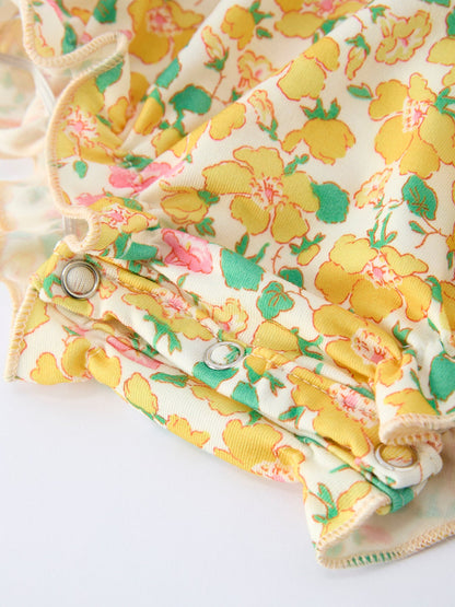 Easter Yellow Chick Embroidery Floral Baby Girl Romper Petal Collar